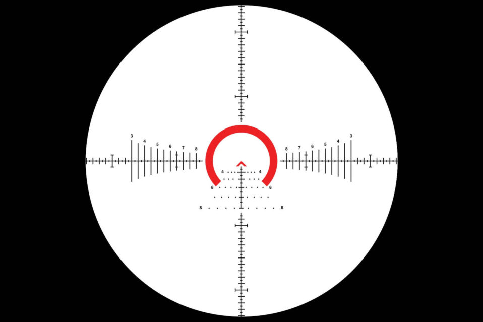 The ACSS Raptor reticle, shown at both 1x and 8x.